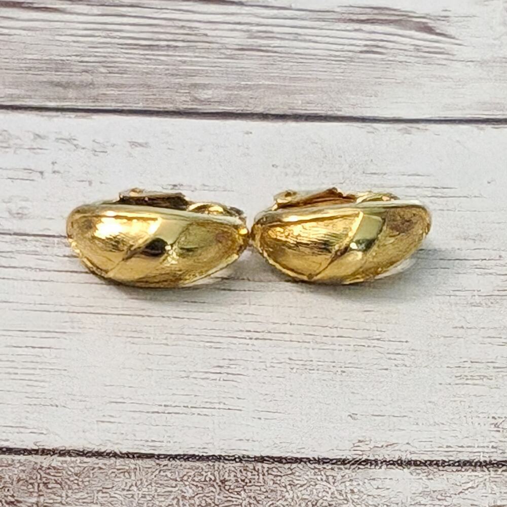 Vintage Clip On Earrings Half Hoop Patterned Gold Tone - Clip Repair Needed